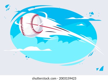 Vector illustration of a baseball ball flying fast in the air against the sky background