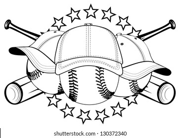 Vector illustration baseball balls in hats and crossed bats and stars