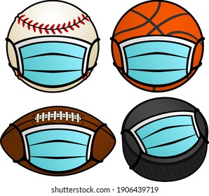 Vector illustration of a baseball, basketball, football, and hockey puck, all wearing protective face masks for the pandemic.