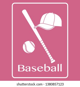Vector illustration with baseball bat, ball, cap. Sports background. Design for banner, poster or print.