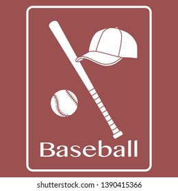 Vector illustration with baseball bat, ball, cap. Sports background. Design for banner, poster or print.