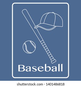 Vector illustration with baseball bat, ball, cap. Sports background. Design for banner, poster or print.