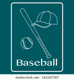 Vector illustration with baseball bat, ball, cap. Sports background. Design for banner, poster or print.