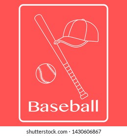 Vector illustration with baseball bat, ball, cap. Sports background. Design for banner, poster or print.