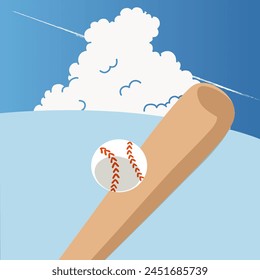 Ilustración vectorial de bate de béisbol y pelota con cielo azul y nubes de truenos
