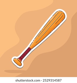 Vector illustration of a baseball bat, drawn in a cartoon style with a bright orange color and a red grip. It's positioned against a sandy background with a slight shadow beneath it.