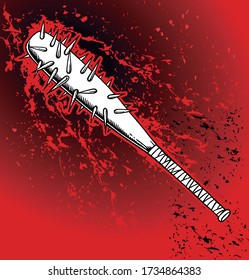 Ilustración vectorial del bate de béisbol con picos con fondo texturado con manchas de sangre.