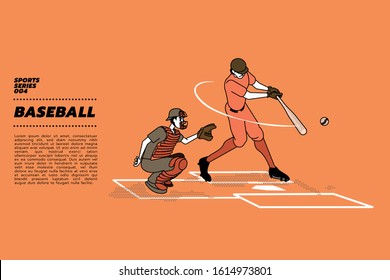 Vector Illustration Of Baseball Batter Hitting Ball With Bat For Home Run. The Catcher In Full Catcher Gear Is About To Catch A Pitched Ball With His Glove In His Position.