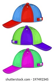 Vector illustration of baseball cap ( different colors, side view). No mesh. Color redact easy.