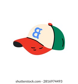 Vector illustration of a baseball cap, in doodle style. The cap has a cream front, a green back, and a red peak