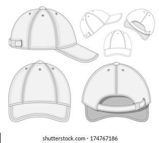 Vector illustration of baseball cap (front, back and side view). No mesh. Color redact easy.