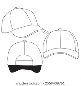 Vector illustration of baseball caps in three different angles, featuring clean outlines and modern style. Perfect for fashion, apparel design, or product mockups.