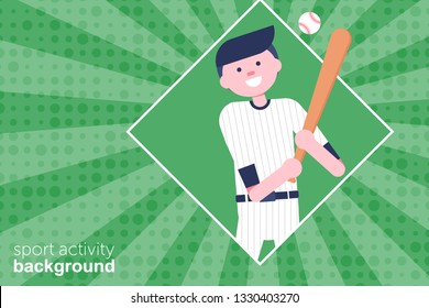 Vector Illustration. Baseball cartoon character in flat style. Baseball player with willow and ball. Retro style. Background