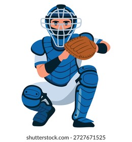 Ilustração vetorial do receptor de beisebol esperando por bola com uniforme e capacete ideal para o personagem do jogador da equipe esportiva e design com tema atlético