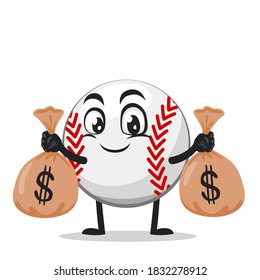 vector illustration of baseball character or mascot holding sacks of money
