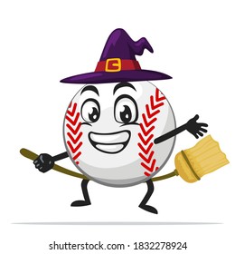 vector illustration of baseball character or mascot wearing witch costume and ride flying broom