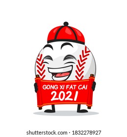 vector illustration of baseball character or mascot holding red scroll and says happy chinese new year 2021