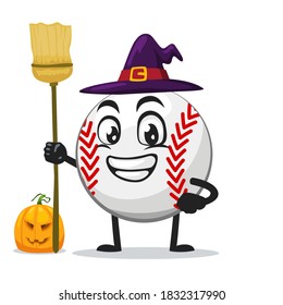 vector illustration of baseball character or mascot wearing witch costume and holding broom