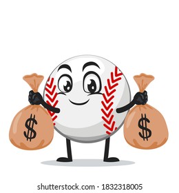 vector illustration of baseball character or mascot holding sacks of money