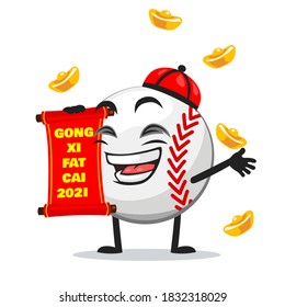 vector illustration of baseball character or mascot holding red scroll and says happy chinese new year 2021