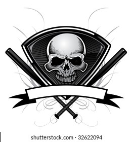 Vector illustration of a baseball crest with skull insert, baseball bats, blank banner and flourish / scroll design elements.
