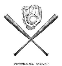 Vector illustration of baseball crossed bats and glove with ball in it. Ink hand drawn style. Isolated on white.