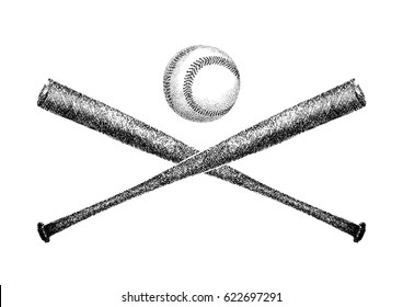 Vector illustration of baseball crossed bats and ball in coat of arms symbol composition. Ink hand drawn style. Isolated on white.