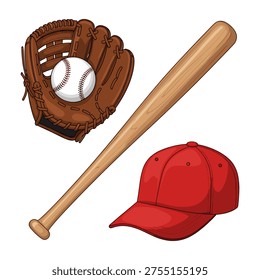 Vector illustration of baseball equipment including a bat, glove with ball, and red cap, ideal for sports, marketing, and educational materials.