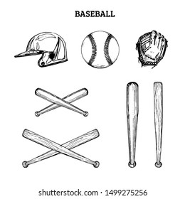 Vector illustration of baseball equipment. Set of drawn sporting goods on a white background.