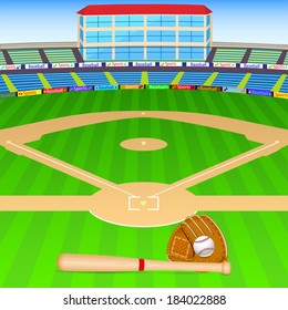 vector illustration of baseball field with bat, ball and gloves