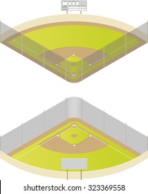 Vector illustration of baseball field in isometric projection from two perspectives.