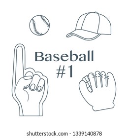 Vector illustration with baseball foam finger, ball, cap, glove. Sports background. Design for banner, poster or print.