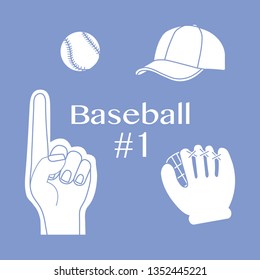 Vector illustration with baseball foam finger, ball, cap, glove. Sports background. Design for banner, poster or print.