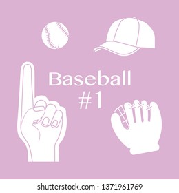 Vector illustration with baseball foam finger, ball, cap, glove. Sports background. Design for banner, poster or print.