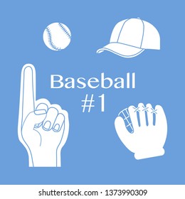 Vector illustration with baseball foam finger, ball, cap, glove. Sports background. Design for banner, poster or print.
