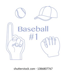 Vector illustration with baseball foam finger, ball, cap, glove. Sports background. Design for banner, poster or print.