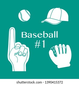 Vector illustration with baseball foam finger, ball, cap, glove. Sports background. Design for banner, poster or print.