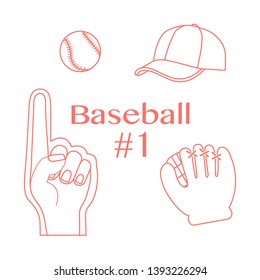 Vector illustration with baseball foam finger, ball, cap, glove. Sports background. Design for banner, poster or print.