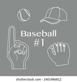 Vector illustration with baseball foam finger, ball, cap, glove. Sports background. Design for banner, poster or print.