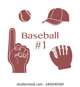 Vector illustration with baseball foam finger, ball, cap, glove. Sports background. Design for banner, poster or print.