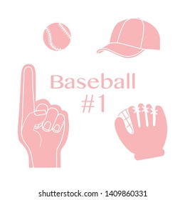 Vector illustration with baseball foam finger, ball, cap, glove. Sports background. Design for banner, poster or print.