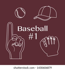 Vector illustration with baseball foam finger, ball, cap, glove. Sports background. Design for banner, poster or print.