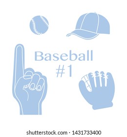 Vector illustration with baseball foam finger, ball, cap, glove. Sports background. Design for banner, poster or print.