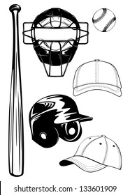 Vector illustration baseball helmet,  bat, cap, ball, mask set