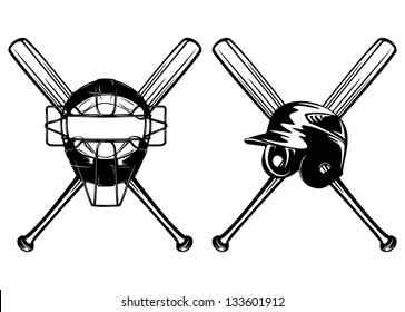 Vector illustration baseball helmet, mask and crossed bats set