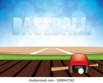 Vector illustration of baseball helmet, wooden bats and ball