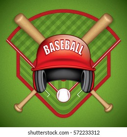 Vector illustration of baseball helmet, wooden bats and ball