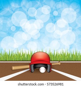 Vector illustration of baseball helmet, wooden bats and ball