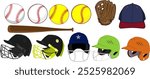 Vector illustration baseball kit helmet, bat, ball, glove, cap set, baseball kit, softball kit