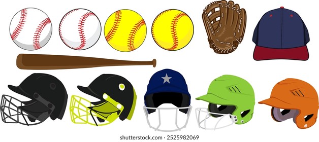 Vector illustration baseball kit helmet, bat, ball, glove, cap set, baseball kit, softball kit